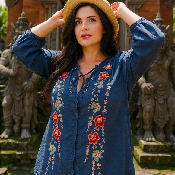 Johnny Was Alaura heavily embroidered tie neck blouse NWT